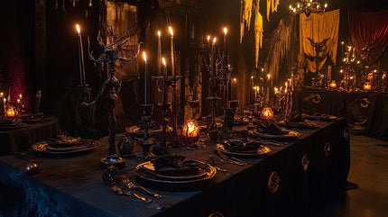 Dark dining area with candelabras and eerie lighting as part of Halloween decor.