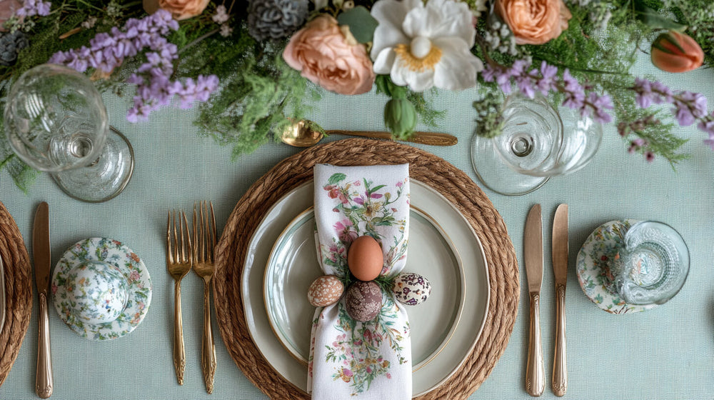 Elegant Easter table decor with floral accents, gold cutlery, and pastel hues.