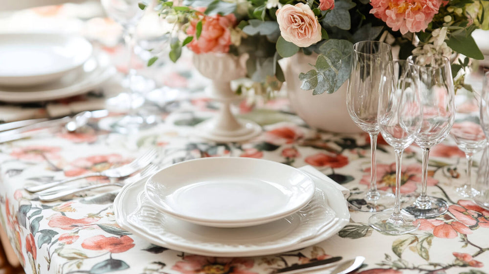 A beautifully set table with floral linens and fresh blooms for spring tablescapes.