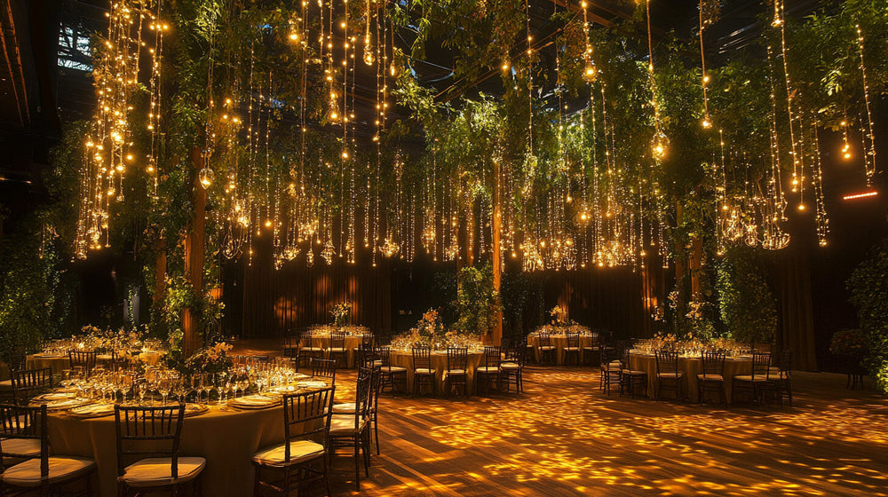 Enchanted forest-inspired event lighting with cascading fairy lights and chandeliers.