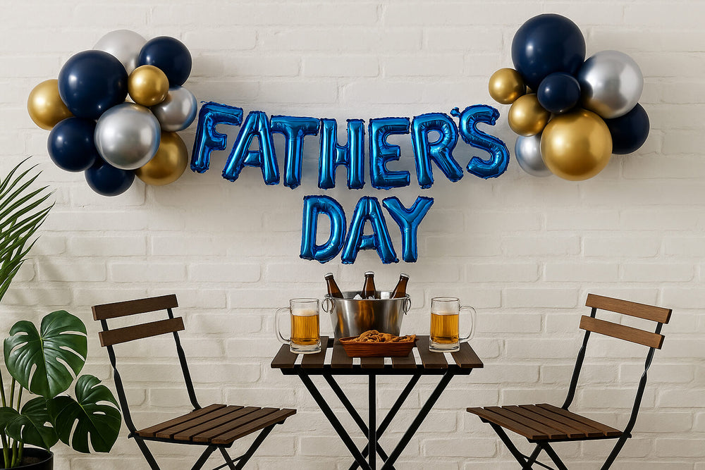 Father's Day brunch setup with "Father’s Day" balloons and beer station.