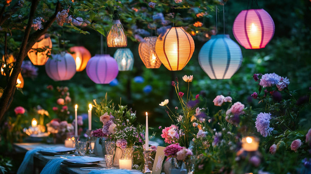 Whimsical garden party table setting with pastel lanterns, floral decor, and candlelit ambiance at dusk.