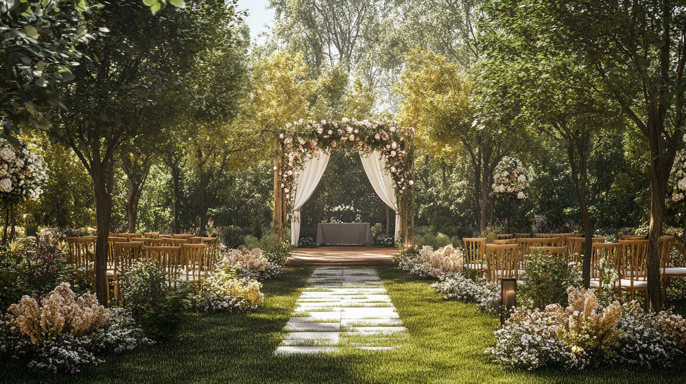 Floral ceremony arch surrounded by trees at a garden party wedding