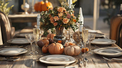 Harvest-themed dinner table with rustic elements and pumpkins for a Thanksgiving dinner party.