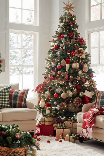 Classic holiday decorating ideas with a beautifully adorned Christmas tree, cozy seating, and wrapped gifts.