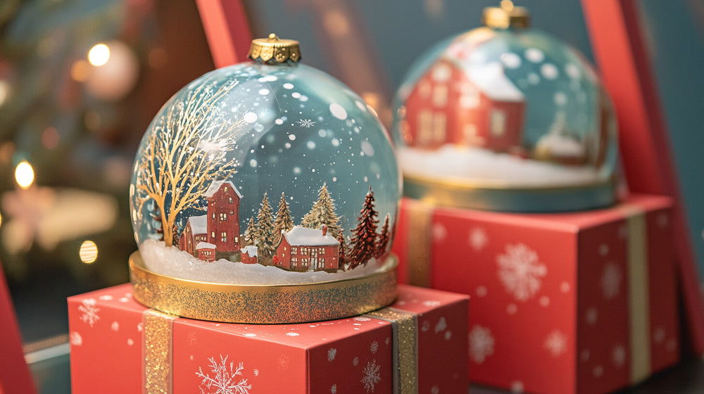 Snow globe-themed holiday gift wrapping with red boxes and festive ornaments.