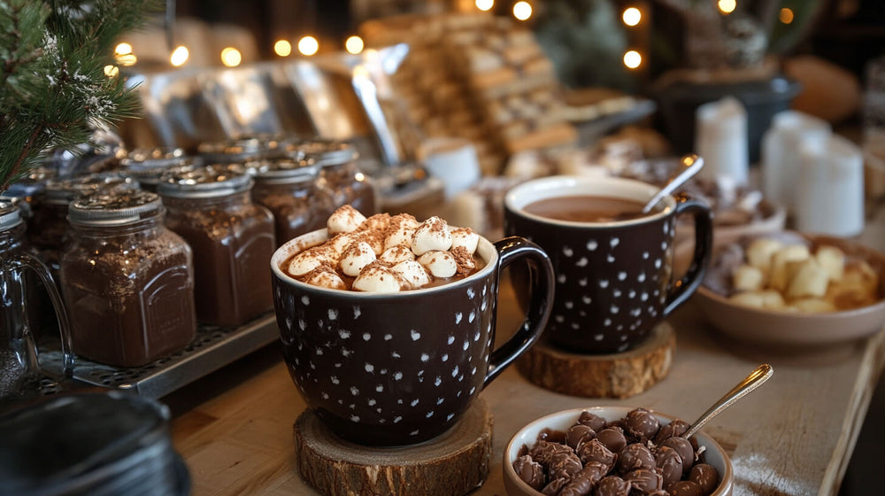 Cozy setup with hot chocolate mugs, marshmallows, and jars of toppings showcasing hot chocolate bar ideas.