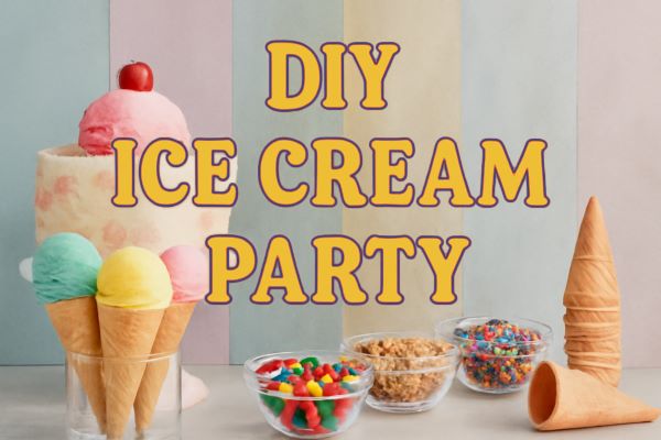 DIY ice cream party setup with colorful cones, toppings, and a pastel-colored background.