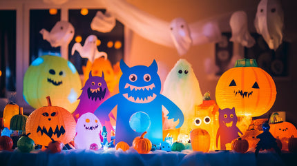 Fun and spooky decorations with colorful monsters and pumpkins at a kids Halloween party.