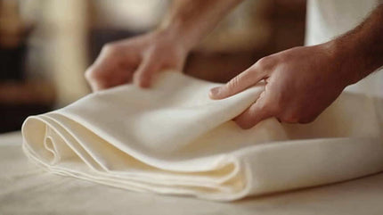 Hands folding cream-colored linens before steaming.