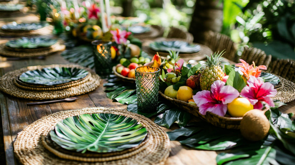 Tropical table setting with fruit and flowers as luau party decorations