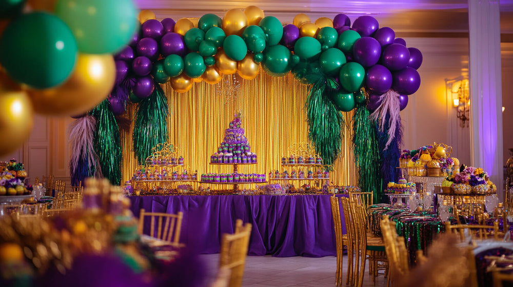 Lavish dessert table at a Mardi Gras party with purple, green, and gold balloon arch and beads.