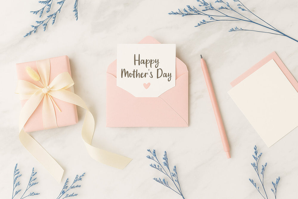 Pink gift, envelope with 'Happy Mother's Day' card, and pen for thoughtful Mother's Day activities.