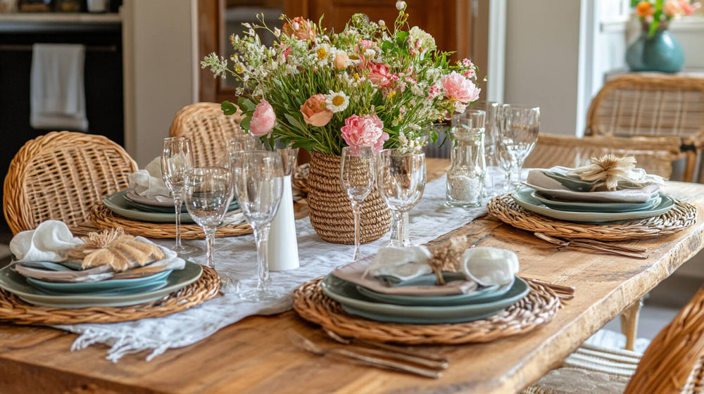 Rustic wicker-themed Mother’s Day table decor with wildflower centerpiece