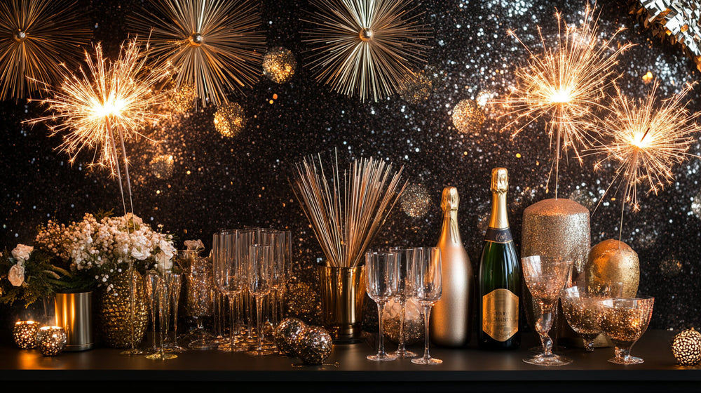 A glittering display of champagne bottles and sparklers, perfect for New Year's Eve party favors.