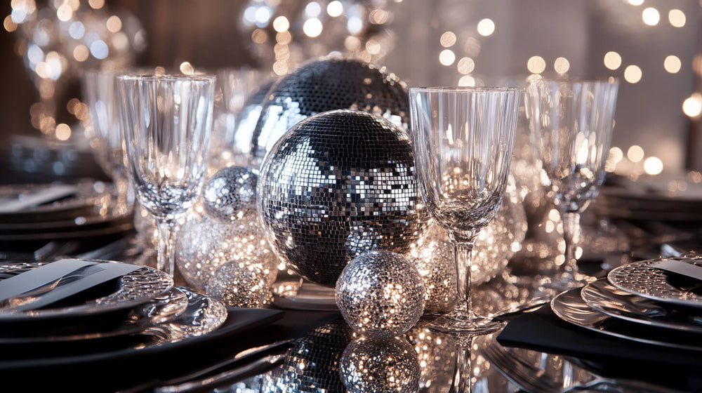 A glamorous New Year's Eve tablescape with silver disco balls and sparkling lighting details.