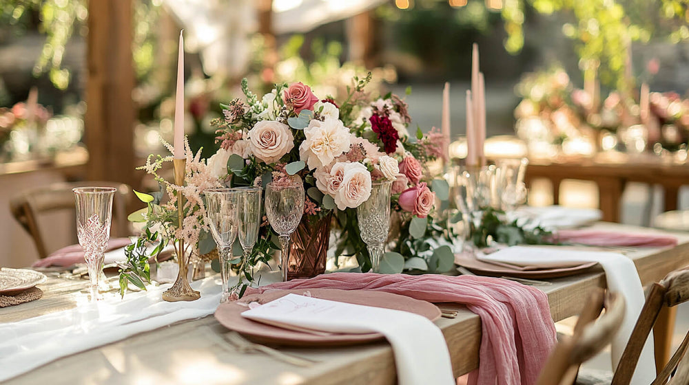Rustic pastel wedding table with blush floral centerpiece, candles, and elegant glassware under fairy lights.