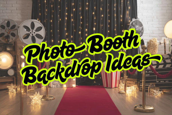 Photo booth backdrop preview with red carpet and bright yellow title text.