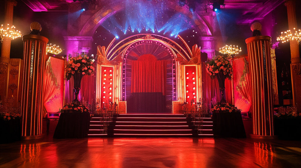 Lavish red and gold ballroom setup inspired by cabaret-style prom themes.