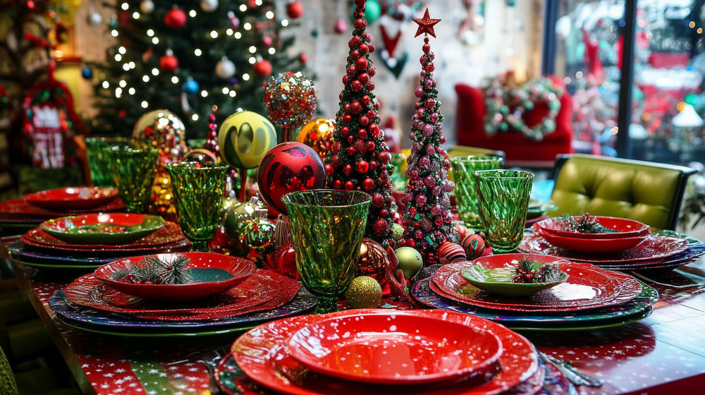 A festive red and green Christmas table with ornaments, decorative trees, and matching dinnerware.