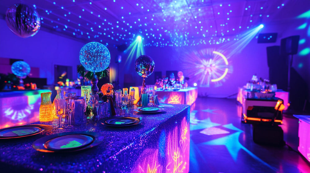 A glowing retro theme party setup with neon lights, glittering tables, and vibrant starry projections.