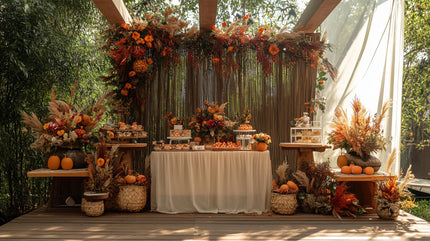 Beautiful autumn-themed baby shower dessert setup featuring a rustic table adorned with pumpkins, florals, and cozy fall decor.