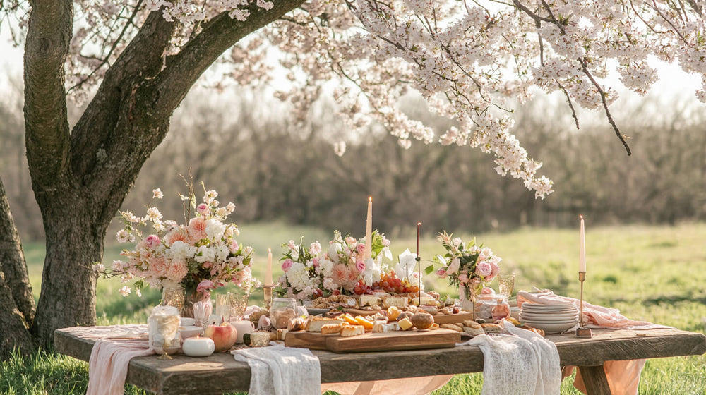 A beautifully decorated spring table under cherry blossoms with pastel linens for a spring equinox celebration.