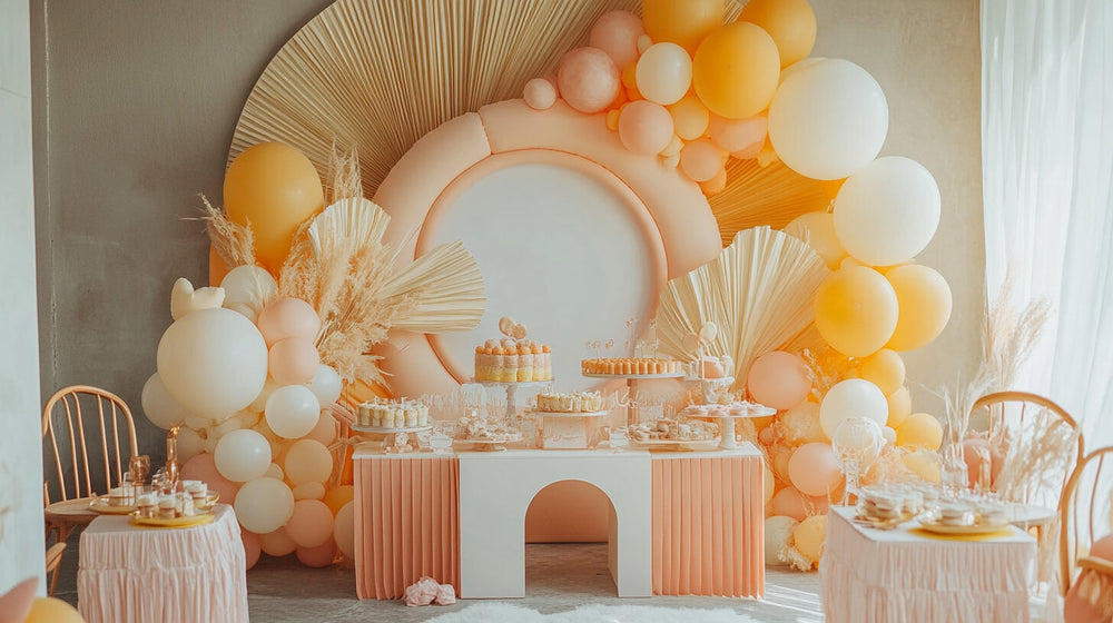 Peach-toned decor setup with balloons for a chic summer baby shower.