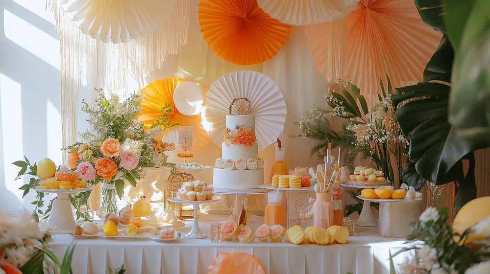Elegant dessert table with florals and citrus for summer baby shower themes.