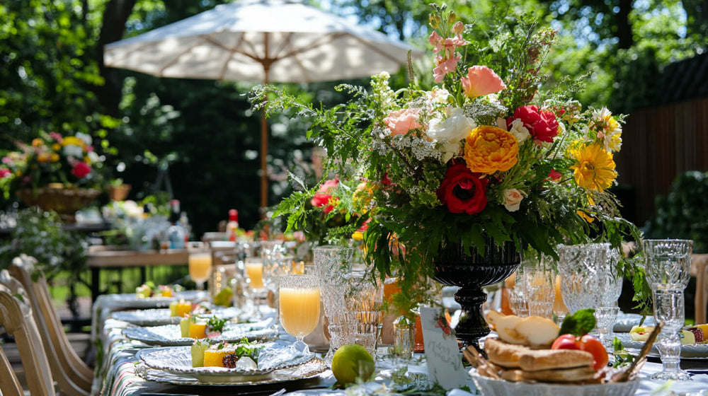 Elegant table setting with florals for a chic backyard brunch summer party