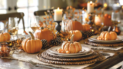 A warm and rustic Thanksgiving table setting with pumpkins, candles, and earthy tones.