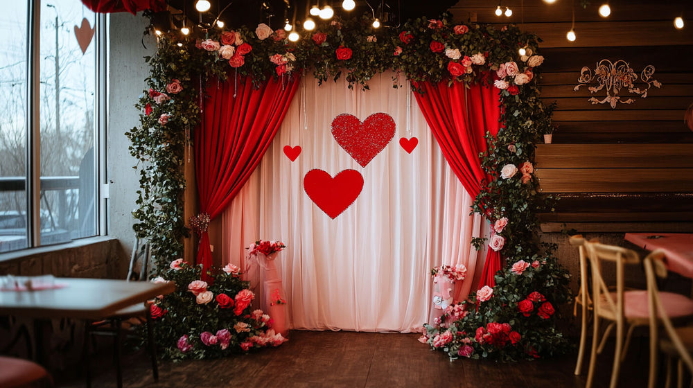Romantic photo corner with red drapes, floral garlands, and hearts for Valentine’s Day decoration for restaurants.