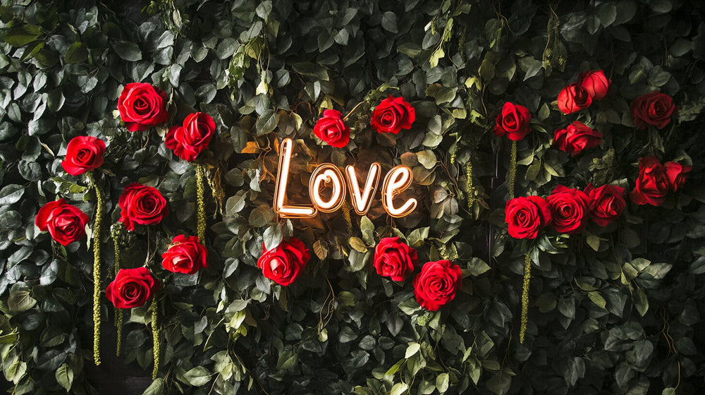 Lush greenery wall with vibrant red roses and a glowing "Love" neon sign for a Valentine's Day wedding.
