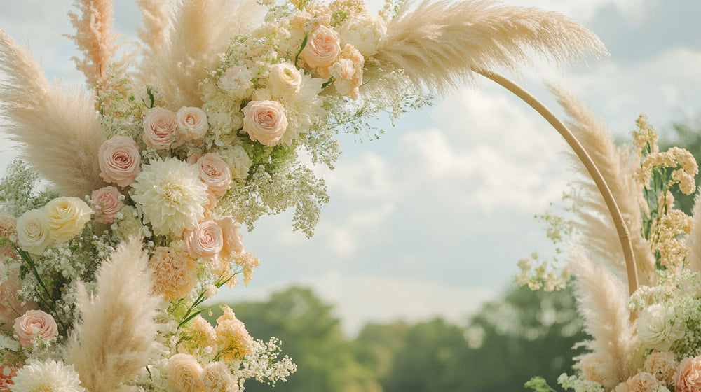 Elegant pampas grass and floral hoop wedding backdrop with pastel roses, perfect for a romantic ceremony.