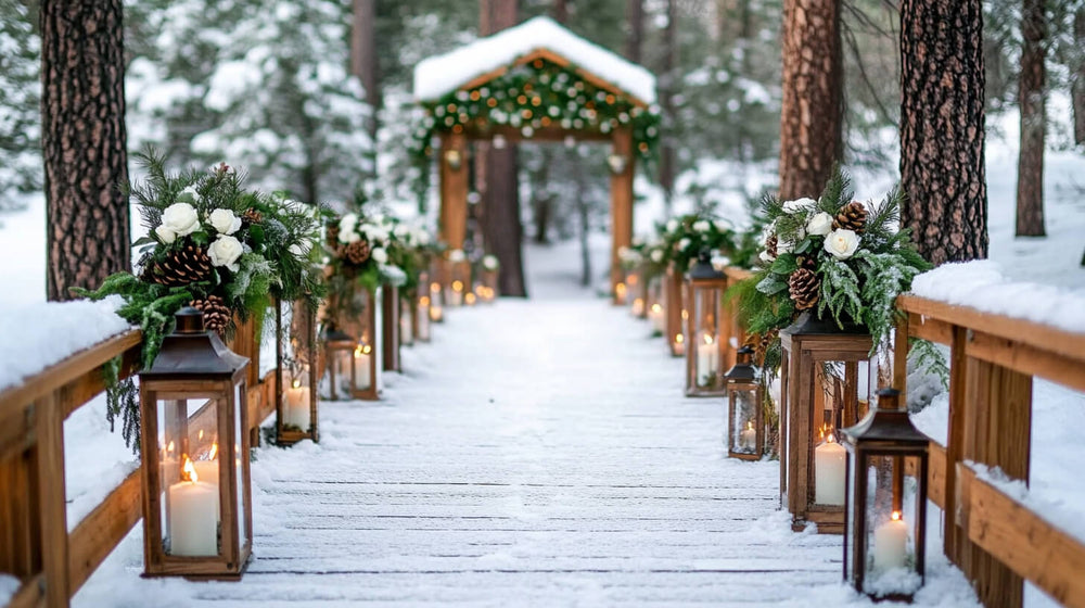 A snow-covered aisle adorned with lanterns and greenery, perfect for a winter wedding decor checklist.