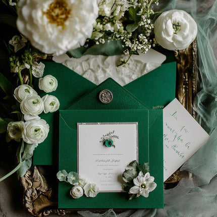 Luxurious emerald green and floral-themed wedding welcome party invitation set with white flowers.