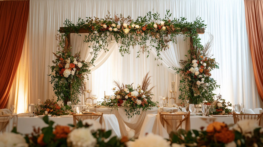 Elegant wedding arch with sage green wedding colors, white and green floral arrangements, and soft fabric.