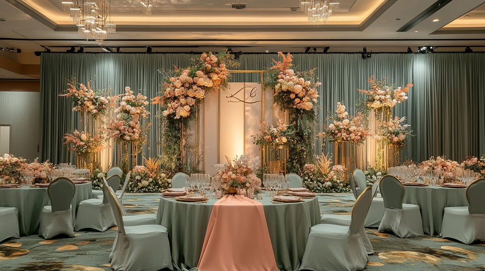 Elegant sage green and blush pink wedding décor with floral arrangements.