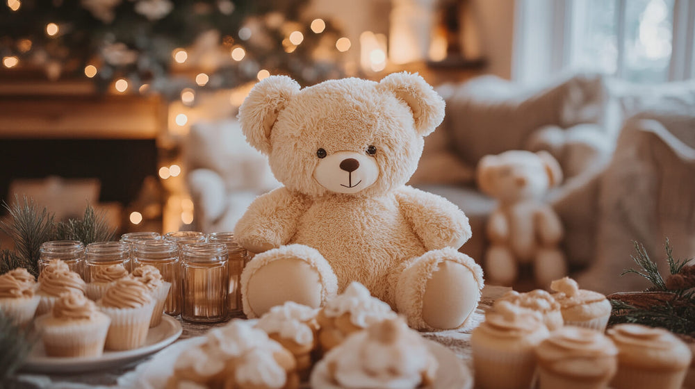 A cozy teddy bear centerpiece surrounded by desserts, perfect for winter baby shower themes.