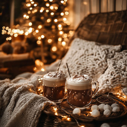 Cozy hot cocoa setup with whipped cream and soft lighting for warm winter home decor ideas.