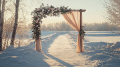 Rustic blush and greenery winter wedding color palette with a floral arch in a snowy outdoor setting.