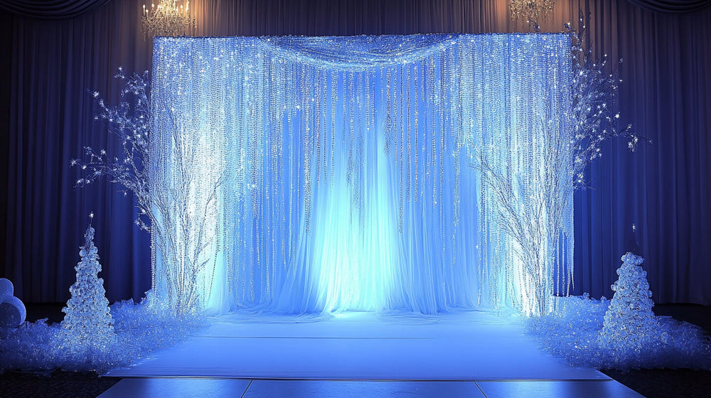 Glowing blue winter wonderland backdrop with cascading crystal bead curtains and frosty tree accents.