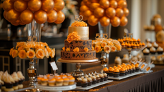 A glamorous 50th birthday party with gold balloons, elegant table settings, and a luxurious cake, highlighting high-end 50th birthday party supplies.