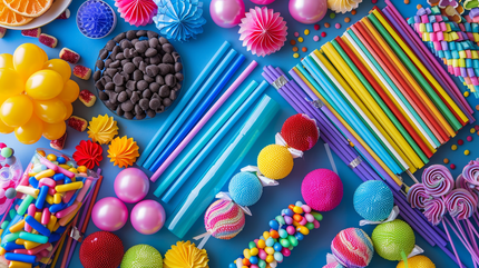 Colorful candies and party supplies arranged on a blue backdrop