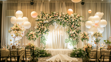Rustic wedding backdrop with elegant balloon arches and floral arrangements, creating a stunning centerpiece for the event.