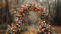 A lush wedding flower arch featuring artificial wedding flowers in warm, earthy tones, set in a woodland setting.