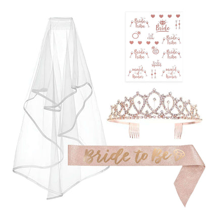 1 Set Rose Gold Bachelorette Party Decoration Supplies Kit, White Bridal Veil, Tiara Crown, Glittered Bride To Be Sash, & Stickers