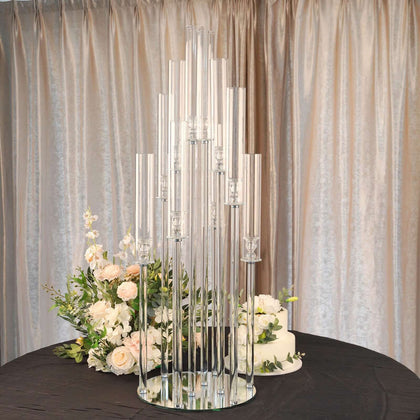 10-Arm Crystal Cluster Taper Candelabra Round Design with Mirror Base 47" Clear - Radiant Candle Holder Table Centerpiece for Votive & Pillar Candles