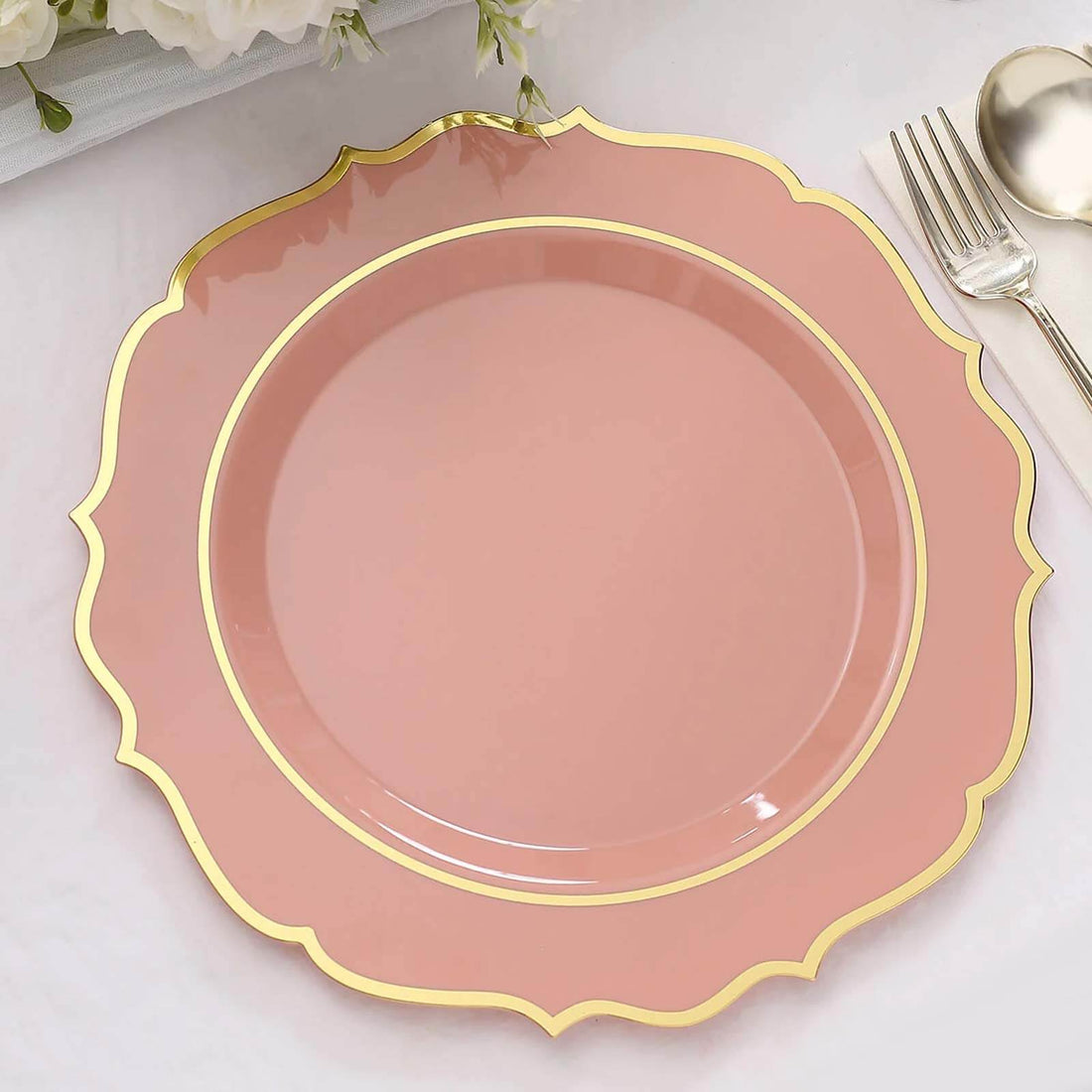 Dusty Rose Plastic Dinner Plates With Gold Scalloped Rim