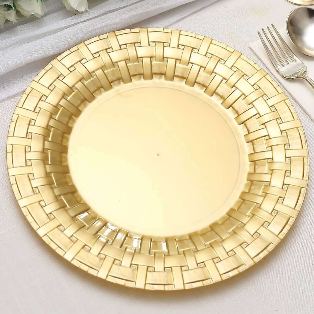 Gold Round Dinner Plates With Basketweave Rim 10 Inch 10 Pack